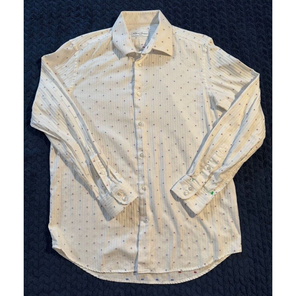 Robert Graham Mens White Cotton Geometric Long Sleeve Button Front Shirt Size 16